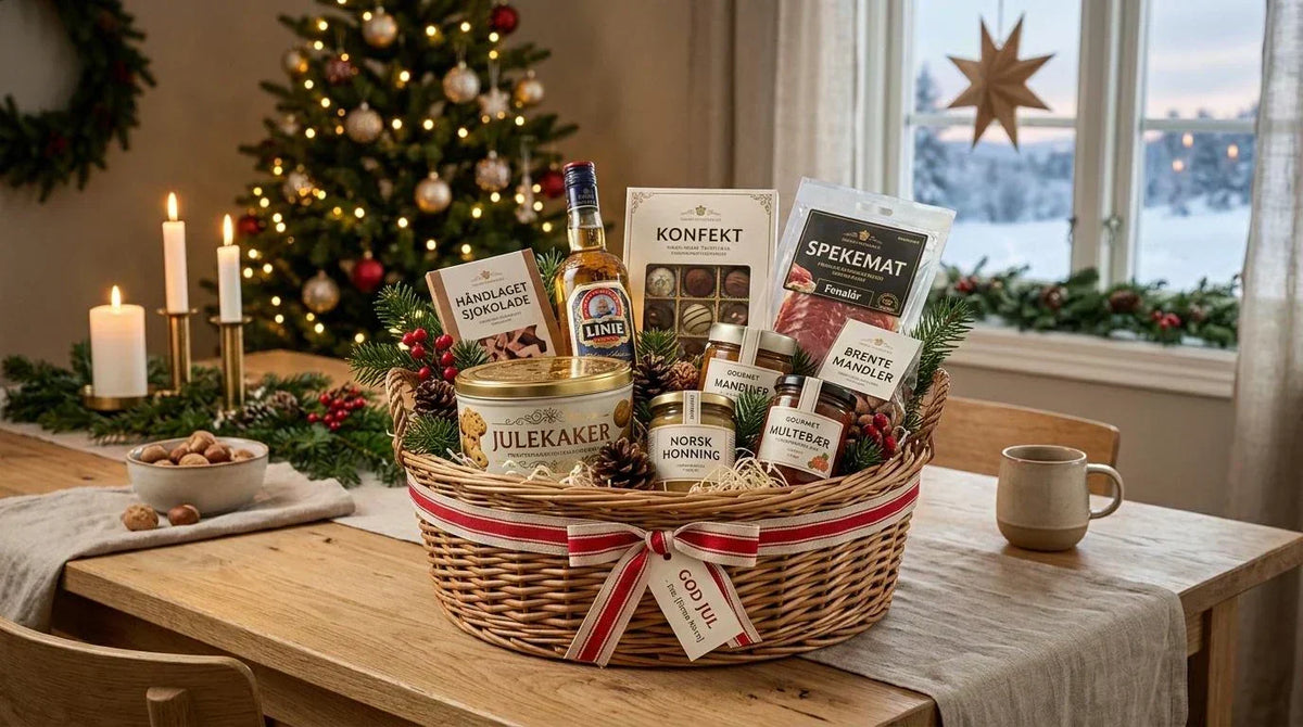 Rund flettet julekurv med rødt bånd på et trebord i et koselig julepyntet rom. Kurven er fylt med norske gourmetdelikatesser som julekaker, konfekt, spekemat, brente mandler og lokal honning med norske etiketter.
