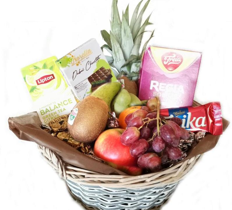 Med Fruktkurv som gave, si "God bedring!"